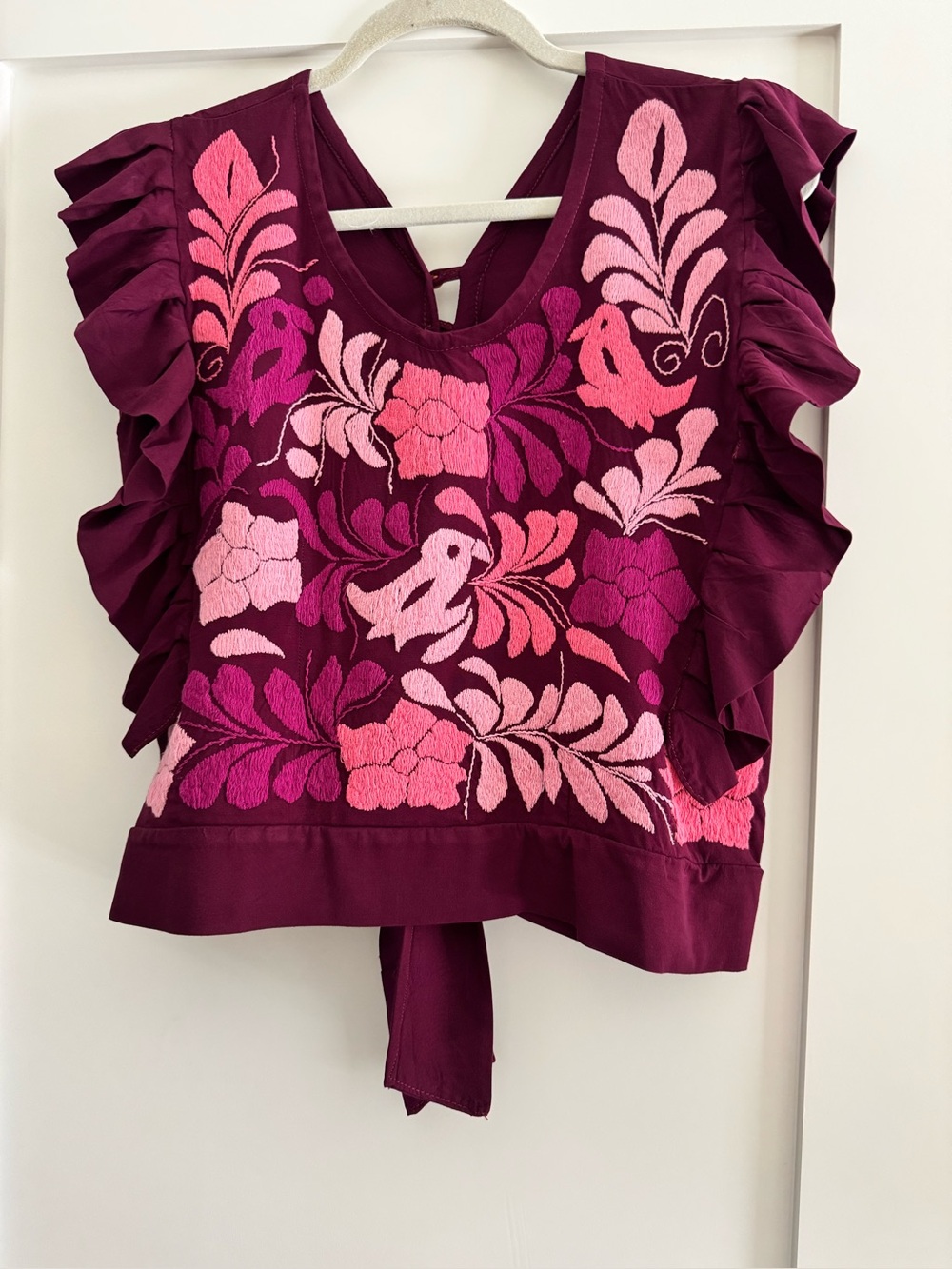 Otomi Mexican Embroidered Ruffle Tie Back Top  Magenta & Pink Size S